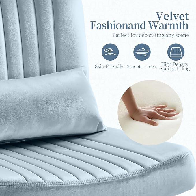 Criss Cross Office Chair with Wheels, Velvet Cross Legged Desk Chair for Bedroom, Armless Computer Chair, Modern Vanity Chair, Festival for Adults, Light Blue