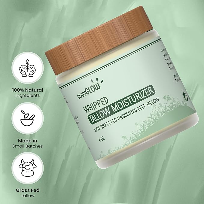 Whipped Beef Tallow Skin Moisturizer - Unscented Grass Fed Organic Beef Tallow Face Cream - Honey Balm & Jojoba Oil - 4 oz