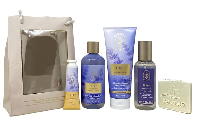 Bath & Body Works Aromatherapy Sleep Lavender + Vanilla Gift Set- Ultimate Hydration Body Cream, Essential Oil Mist, Body Wash & Foam Bath and Hand Cream - with a Natural Oats Sample Soap