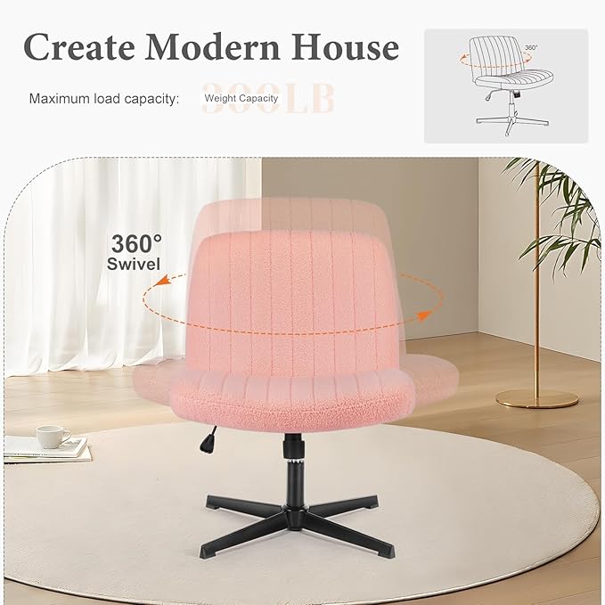 Sweetcrispy Criss Cross Chair Legged, Armless Office Wide Desk Chair No Wheels, Swivel Vanity Height Adjustable Fabric Modern Computer Task Seating for Home - Teddy Pink