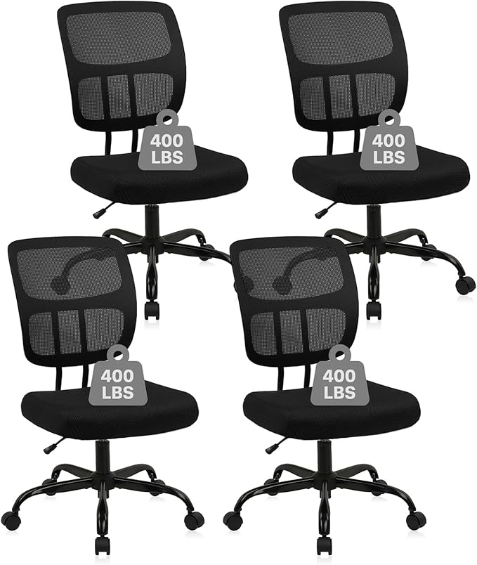 CLATINA Armless Home Office Chair, Small Ergonomic Mesh Back Desk Chairs with Lumbar Support and Wheels, Adjustable Height 360° Swivel Rolling Computer Chair for Conference Waiting, Black, 4Pack