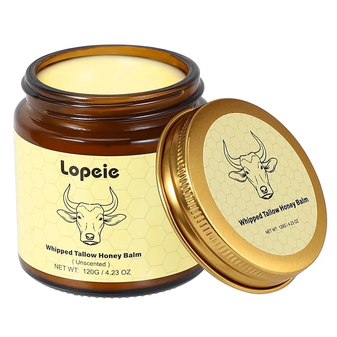 Beef Tallow for Skin - Organic Grass Fed Whipped Moisturizer with Honey Balm, Natural Hydrating Cream for Face & Body, Relief for Dry & Sensitive Skin (4.23oz, Unscented)