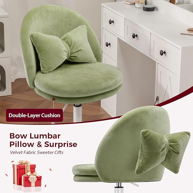 GTPLAYER Velvet Tall Office Chair with Wheels Vanity Chairs with Back, Versatile Height Use: Office to Bar Stools Small Ergonomic Comfy Armlees Computer Desk Chair with Bow Lumbar Pillow for Gift