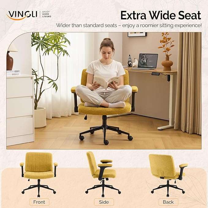 VINGLI Criss Cross Chair with Adjustable Flip-Up Arms,Cross Legged Chair with Wheels,Extra Wide Office Chair,Desk Chair for Home Office,Vanity,Bedroom, Apartment,Starry Chenille,Pale Yellow