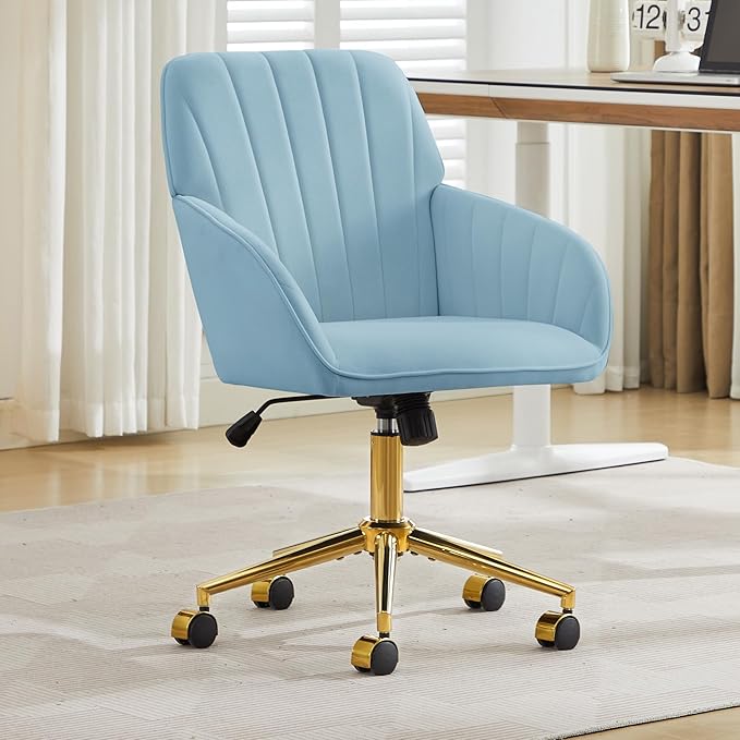 YITAI Velvet Office Desk Armchairs with Gold Base and Wheels,Modern Height Adjustable 360 Degree Swivel Upholstered Vanity Chairs for Living/Room Bedroom/Study,Light Blue