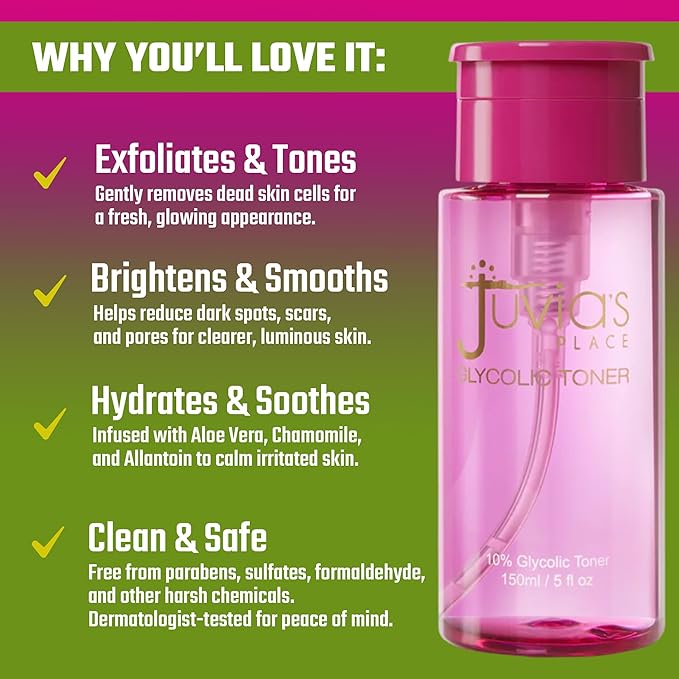 Juvia's Place The 10% Glycolic Acid Toner, 5 fl oz, Aloe Vera, Chamomile, Allanton, Skin Conditioner, Gentle, Non-Irritant, Exfoliates, Glowing, Luminous Skin Appearance, Moisturizer
