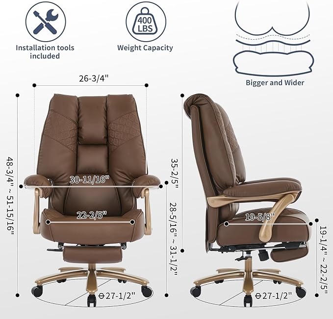 Big and Tall Executive Office Chair with Footrest, 400LBS Capacity Ergonomic High-Back Desk Office Chair with Lumbar Support, Padded Armrests & Thick Cushion, Brown PU Leather Chairs