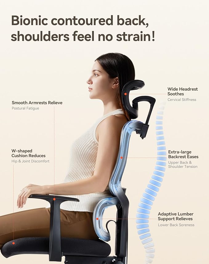 SIHOO Ergonomic Office Chair, High Back Desk Chair, Lumbar Support, Swivel Computer Task Chair with Adjustable Headrest, Tilt Function,Dark Black