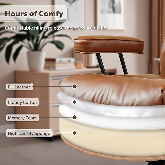 HOOOWOOO Ergonomic Office Chair,Mid Century Modern Computer Desk Chair,Comfy Executive Chair with Extra Wide Tufted Cloudy Seat Lumbar Support High Reclining Back,PU Leather Brown