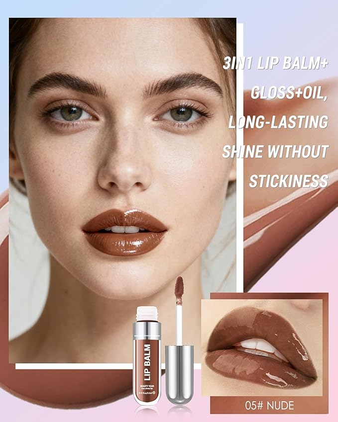 Tinted Lip Gloss Oil, Nude Brown Hydrating Lip Tint Stain, Sheer Lip Treatment Moisturizer, Moisturizing Lip Tint Balm Lipstick Lipgloss, Glow Reviver Lips Care Oil, Christmas Makeup Gift for Women-05