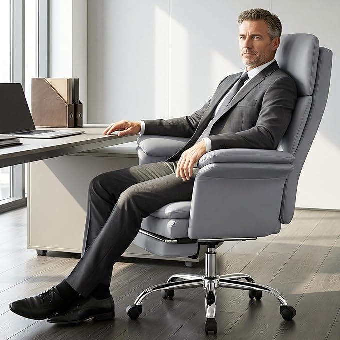 Comfortable Home Office Chair with Footrest 400lbs, Premium PU Leather Office Chair with High Back Adjustable Lumbar Support Double-Layered Armrests,Reclining Chairs,Gray