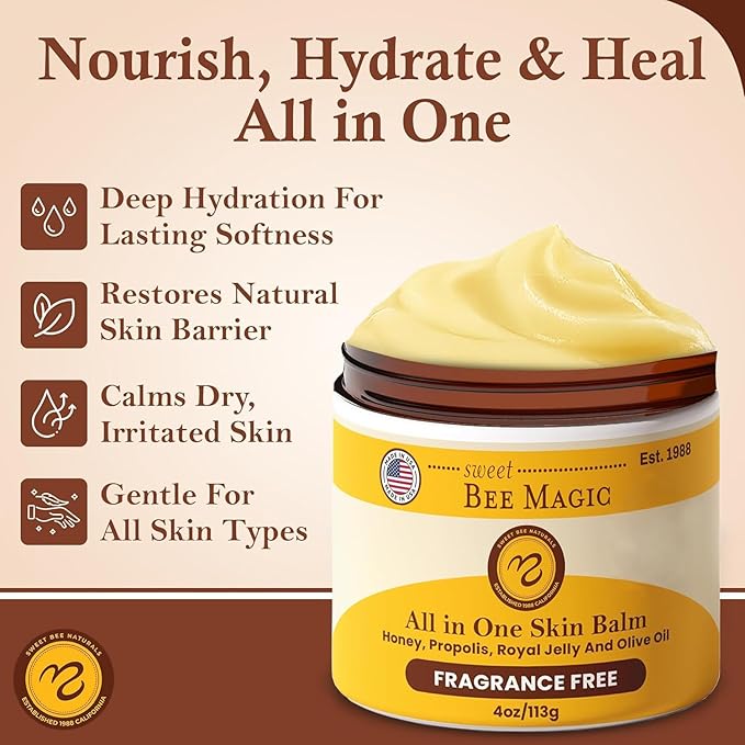 Sweet Bee Magic Organic Honey Bee Balm for Face, Skin & Body - All in One Honey Balm - Beeswax Body Moisturizer - All Natural Aid - 1 jar (4oz)