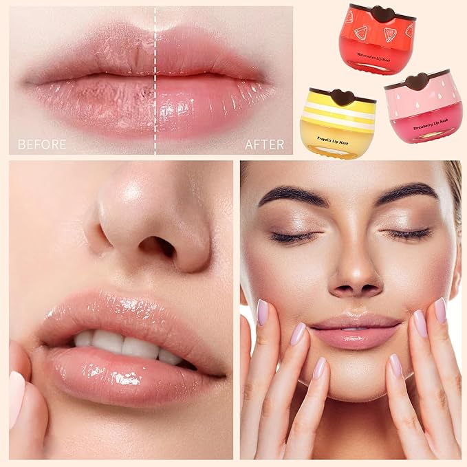 3 PCS Bee Lip Balm Lip Mask Honey Pot, Mothers Day Gifts, Honey & Strawberry & Watermelon Lip Sleeping Mask Overnight Moisturizing Honey Lip Balm, Teacher Appreciation Gifts, Easter Basket Stuffers