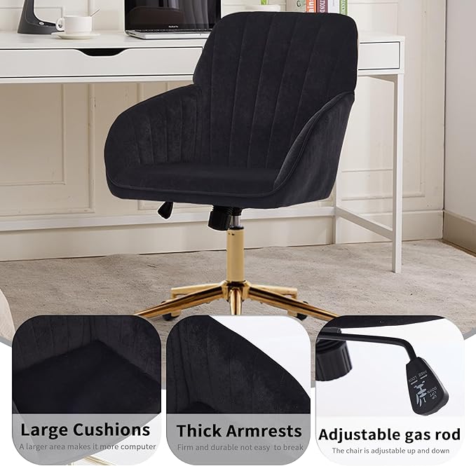 YITAI Velvet Office Desk Chair with Wheels and Gold Base,Modern Height Adjustable 360 Degree Swivel Upholstered Vanity Chairs with Arms for Living Room Bedroom, Study,Black