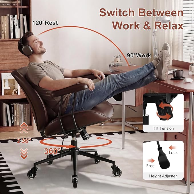 BFZ Home Office Desk Chair, Adjustable Comfy Desk Chair with Wheels, Comfortable Ergonomic Office Chair, Criss Cross Office Desk Chair with Back for Vanity,Home Office or Workspace, Dark Brown Leather