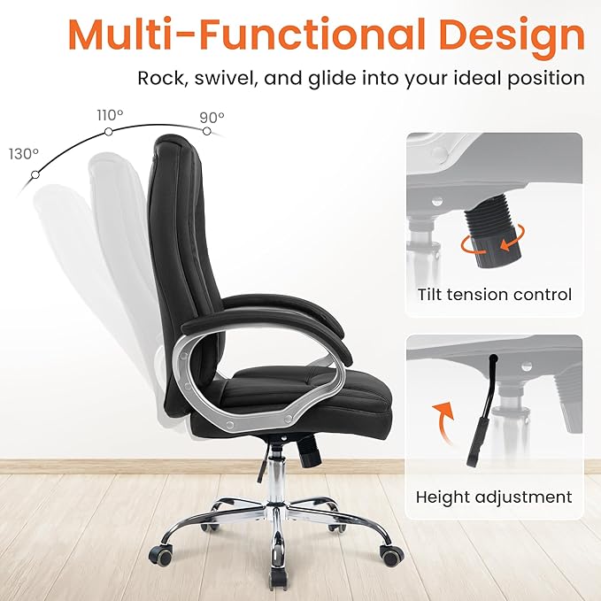NEO Chair Office Desk Ergonomic Gaming Chair High Back Adjustable Computer Chair with Wheels and Lumbar Support Comfy Leather Executive Swivel (Jet Black)