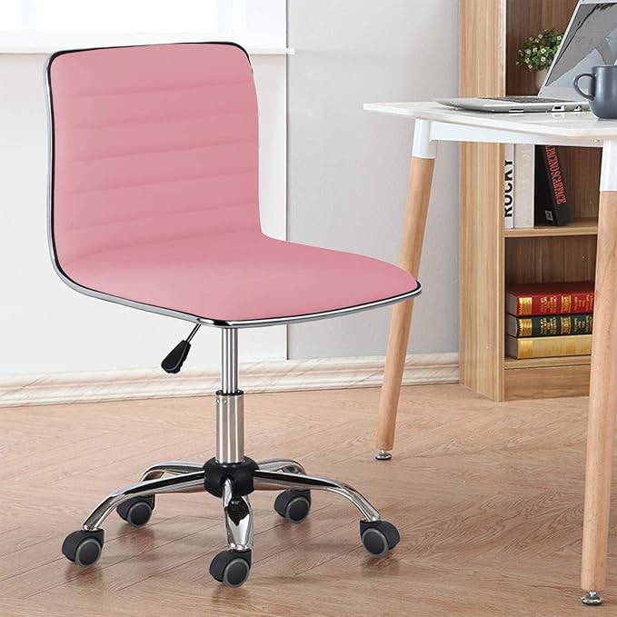 Yaheetech Pink Low Back PU Leather Ribbed Armless Office Chair, Ergonomic Swivel Task Chair with Wheels for Women