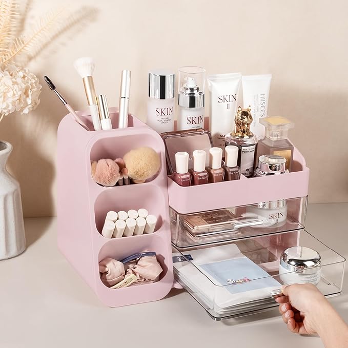 Anyoifax Makeup Organizer Countertop with Large Drawers, Vanity Organizer with Brush Holder, Skin Care Storage for Dresser, Perfume Organizer for Lotion, Lipsitck, Palette, Pink