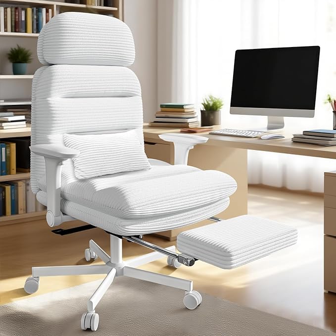 Criss Cross Chair with Wheels & Flip-up Arms, Executive Office Chair with Foot Rest, Swivel Cross Legged Office Chair with Lumbar Pillow, Corduroy Comfy Computer Desk Chair for Home, White
