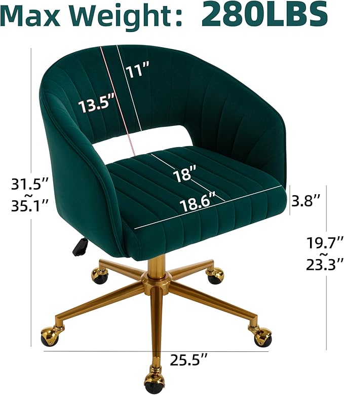 Westice Home Office Desk Chairs, Modern Velvet Rolling Chair, Height Adjustable Swivel Vanity Chair with Metal Base, Ergonomic Chair for Study, Living Room Computer Room, Green