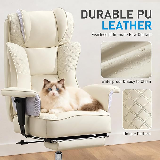 Big and Tall Office Chair, Ergonomic Leather Reclining Chair with Footrest, High-Back Comfy Executive Computer Desk Chairs with Lumbar Support, Wide Seat, 400LBS (Beige)