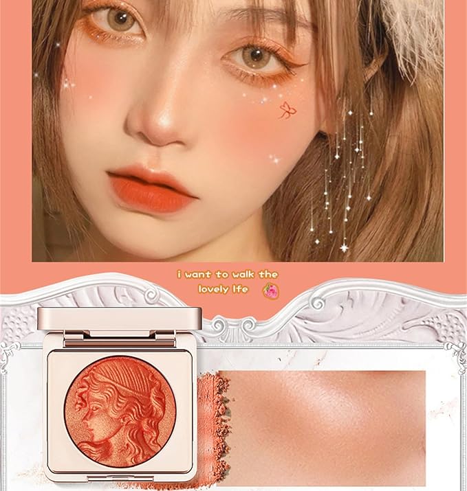 Embossed Smooth Powder Blush Palette for Cheeks, Korean Blush Makeup Palette, CDE Highlight Blush Palette Smooth Powder Blush, Long-Lasting Pigment Face Make up Blusher (Orange, 6g(0.21oz))