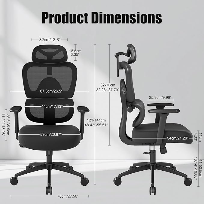 Ergonomic Office Chair with Adjustable Lumbar Support, 3D Arms and Headrest, High Back Wide Desk Computer Chair with Wheels, for Home & Office, Black