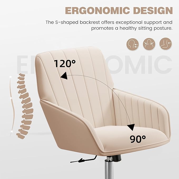 YISHENG Velvet Office Desk Chair with Silver Base, with Wheels,Modern Height Adjustable 360 Degree Swivel Upholstered Vanity Chairs with Arms for Living Room Bedroom,Khaki