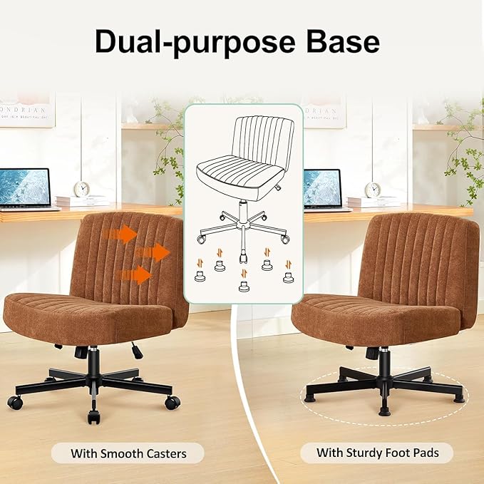 Criss Cross Chair with Wheels,Thick Padded Fabric Cross Legged Office Desk Chair with Pocket Spring Cushion,Dual-Purpose Base,Wide Adjustable Computer Home Office Vanity Chair,Brown