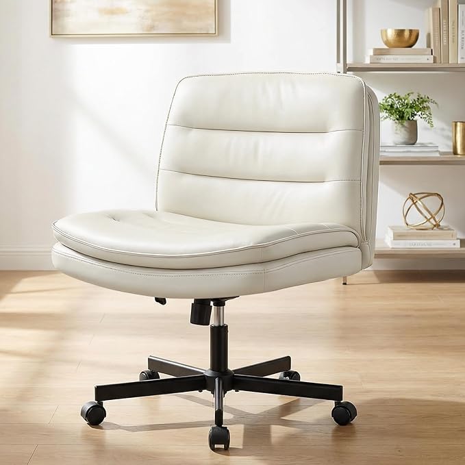 GTPLAYER Cross Legged Office Chair, Armless Desk Chair Cute Vanity Chair with Wheels Computer Chair Comfy Wide Office Chair Adjustable Swivel for Home Computer Task,Pu Leather Beige