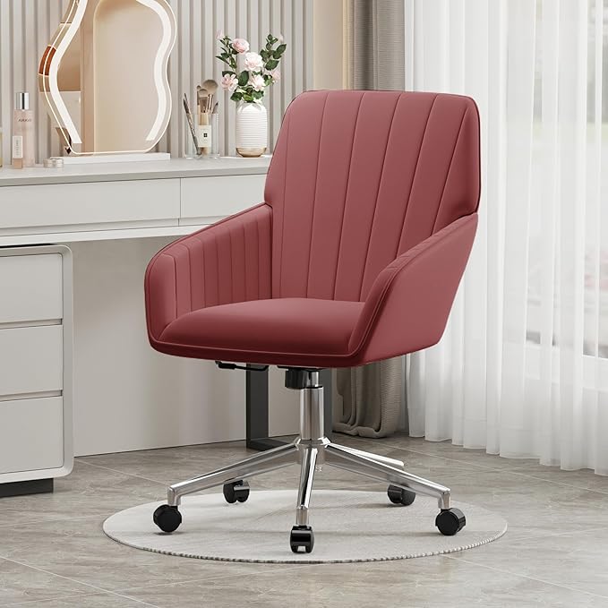 YISHENG Velvet Office Desk Chair with Silver Base, with Wheels,Modern Height Adjustable 360 Degree Swivel Upholstered Vanity Chairs with Arms for Living Room Bedroom,Rose