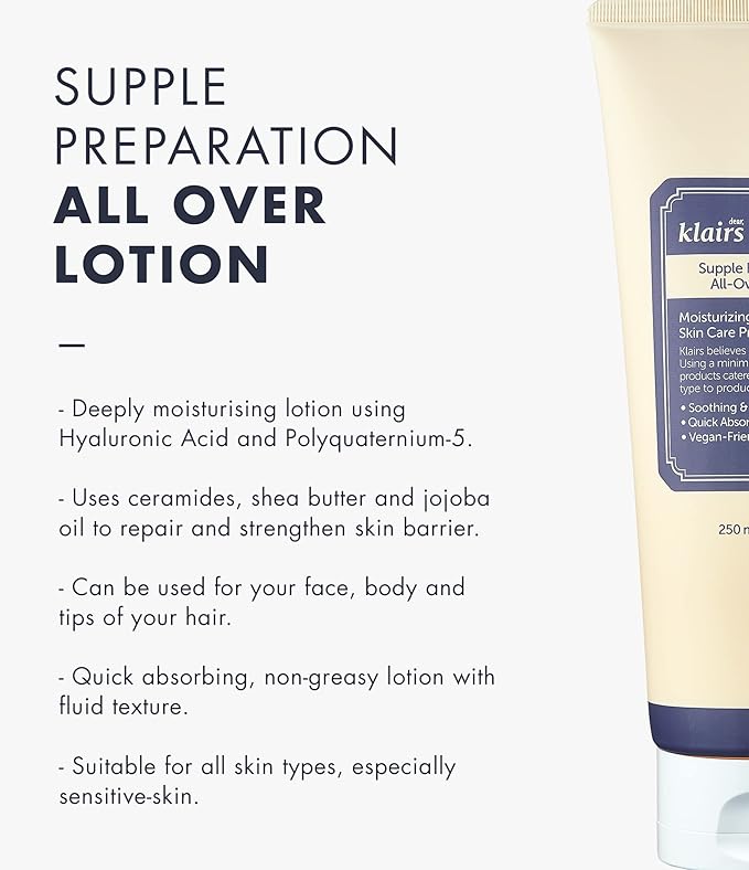 DearKlairs Supple Preparation All-over lotion, Daily face and body moisturizer, for sensitive skin, Essential oil Free, Artificial fragrance free, 250ml, 8.45oz