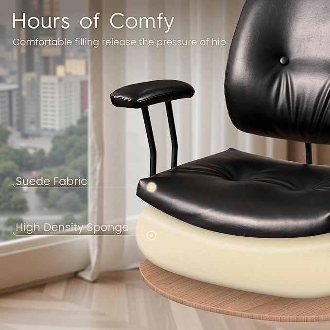 HOOOWOOO Ergonomic Office Chair,Mid Century Modern Computer Desk Chair,Comfy Executive Chair with Extra Wide Tufted Cloudy Seat Lumbar Support Rocking Back,PU Leather Black