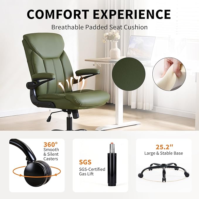 Home Office Ergonomic Desk Chair - Comfy Leather Executive Chair with Flip-Up Armrests, Lumbar Support, 360° Swivel & Rocking (Green)