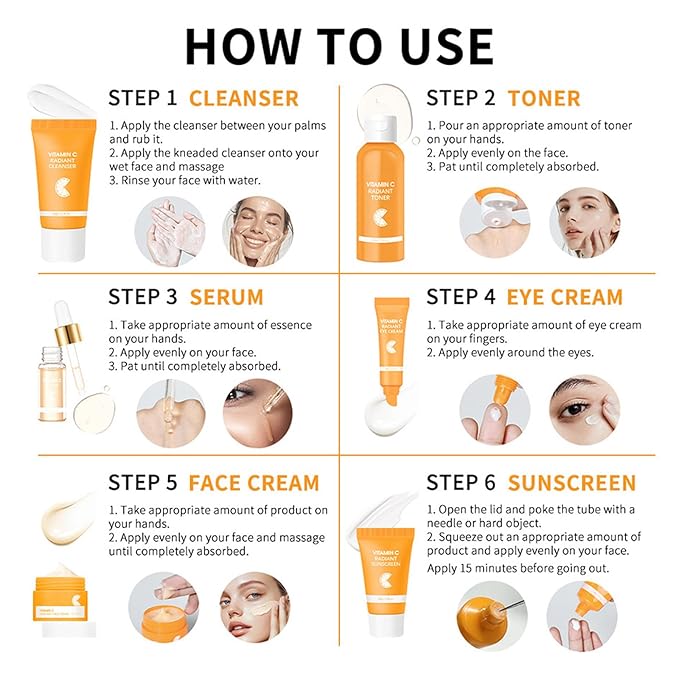 Skin Care Set, Vitamin C Facial Kit for Women, Face Skin Care Kit with Facial Cleanser, Face Serum, Face Cream, Eye Cream, Toner, Sunscreen for Hydrating Skin