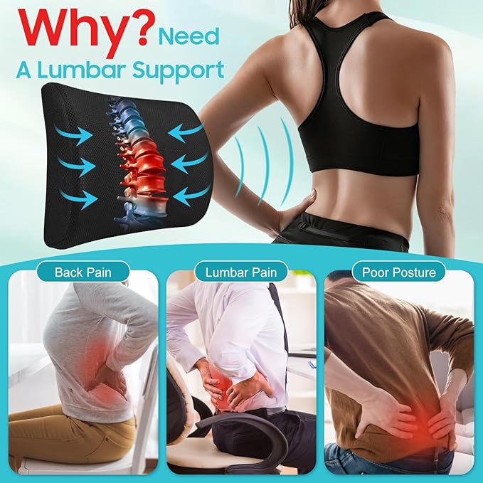 Gugxiom Lumbar Support Pillow, Memory Foam Seat Cushion, Office Chair Cushion and Back Support for Office Chair, Back Support Pillows with Adjustable Strap for Gaming Chair, Car Seat