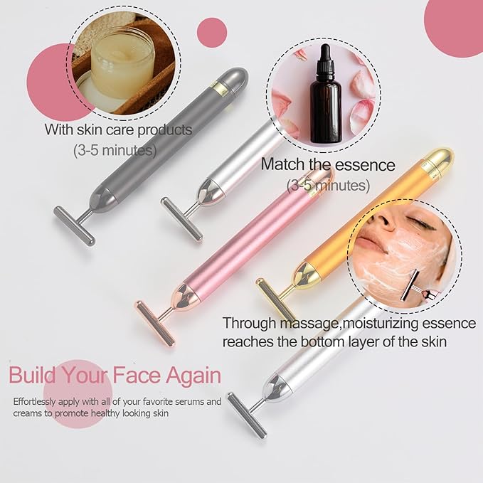 Beauty Bar 24K Gold Facial Massager - Face T Shape Tool for Skin Care Tightening with Ergonomic Design (Gold)