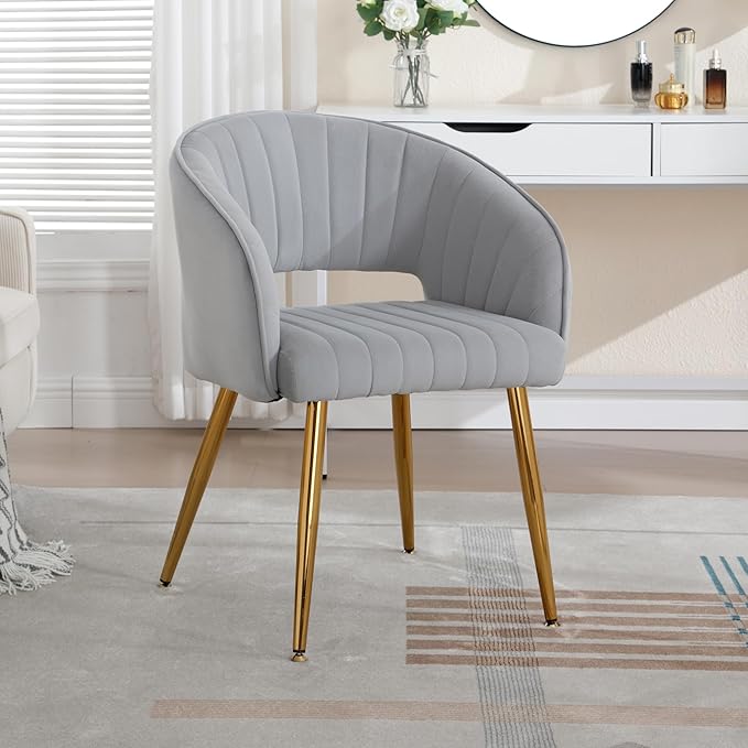 ABET Desk Chair with No Wheels, Velvet Home Office Armchair Gold Legs, Upholstered Modern Accent Chairs, Side Chair for Living Room Bedroom Vanity, Grey