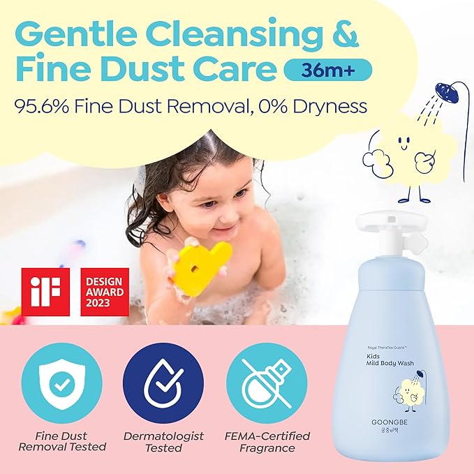 GOONGBE Kids Body Wash – Tear-Free Tested Gentle Pump Foam for Sensitive Skin – Low pH Hydrating Cleanser with Ceramide, Panthenol & Amino Acids – Allergen-Free Scent – Korean K-Beauty, 10.1 fl oz