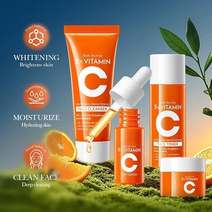 4-In-1 Vitamin C Skincare Set, Moisturize Skin Care Kit with Facial Cleanser, Toner, Serum and Face Cream, Gift For Women and Girls