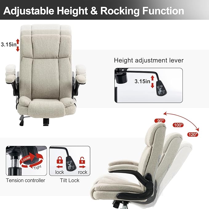 Office Chair High Back Ergonomic Executive Computer Desk Chair Comfortable Fabric Padded Home Office Desk Chairs with Flip-up Arm Rest Adjustable Height Swivel Wheels (Beige)
