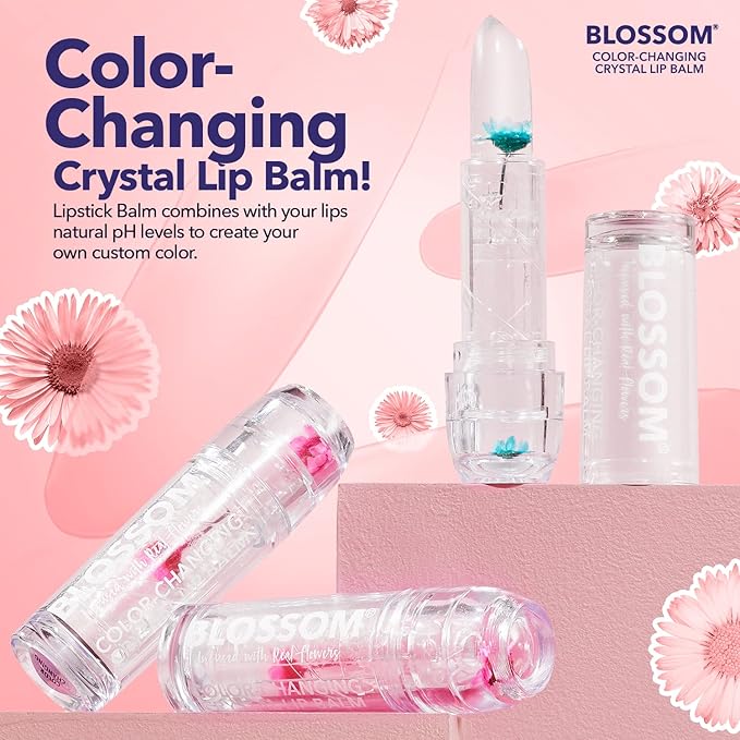 Blossom Lip Gloss Moisturizing pH Lip Balm, Strawberry Scented Color Changing Crystal Lip Stain Tint, Infused with Real Flowers, 3g, Turquoise