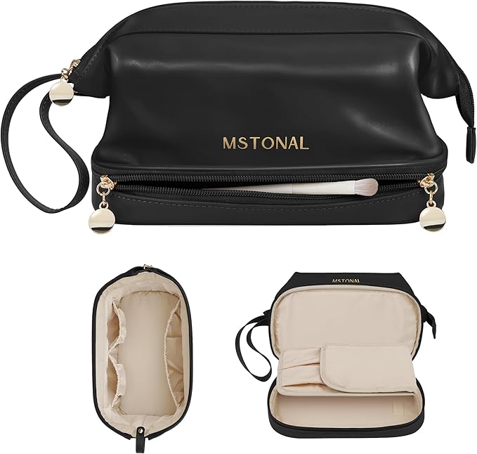 Travel Makeup Bag, Large Capacity Double Layer Cosmetic Bags for Women, Waterproof Portable Make Up Skincare Pouch with Makeup Brush Organizer, Toiletry Bag for Essentials, Black