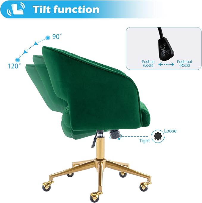 Home Office Chair Swivel Velvet Desk Chair Accent Armchair Upholstered Modern Tufted Chairs with Gold Base for Girls Women Ergonomic Study Seat Computer Task Stools for Living Room(Green)