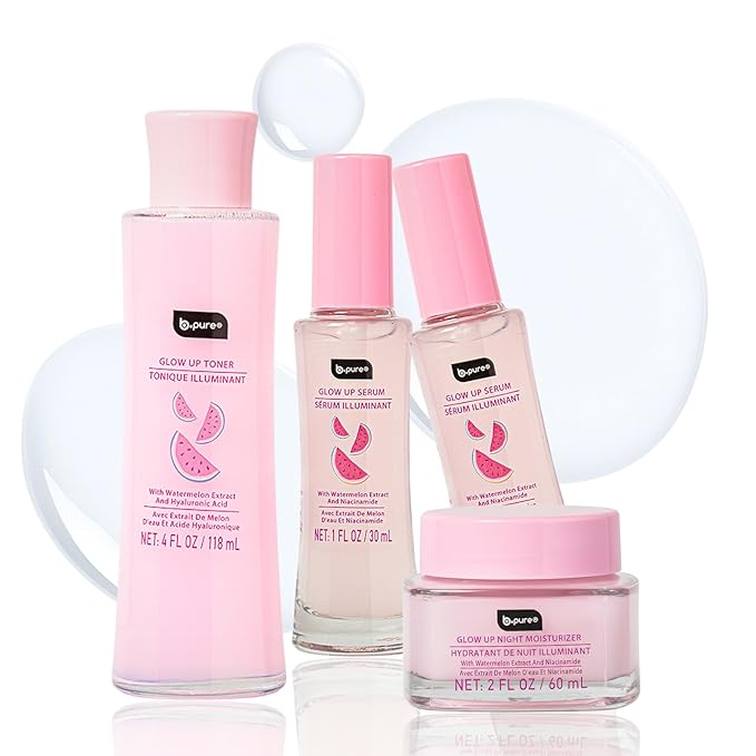 b.pure Glow Up Renewing Skin Care Gift Set - 1 Toner, 2 Renewing Serums, 1 Moisturizer - Hyaluronic Acid, Niacinamide, and Watermelon Extract Kit