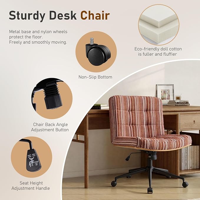 Furnimart Heavy-Duty Curved FSC Wood Desk Chair 360° Swivel, Premium Chenille Criss Cross Chair with Wheels Wide Seat, Comfy Armless Cross Legged Sitting for Bedroom, Office, Vanity(Dark Brown)