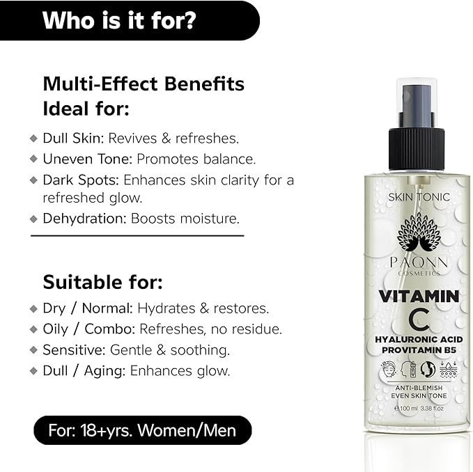 C Vitamin Face Tonic, 3-O Ethyl Ascorbic Acid, Arbutin, Panthenol, Brightening Toner, Daily Gentle Care for Smoother, Hydrated Skin