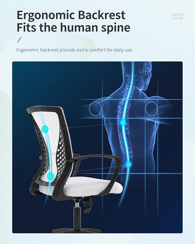Home Office Chair Mid Back PC Swivel Lumbar Support Adjustable Desk Task Computer Ergonomic Comfortable Mesh Chair with Armrest (White)