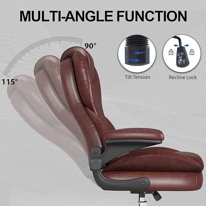 Hovos Office Chair, Ergonomic Big and Tall Desk Leather Chair with Padded Flip-up Arms, Adjustable Tilt Lock, Heavy Duty Swivel Rolling Computer Chair for Home Office, Brown
