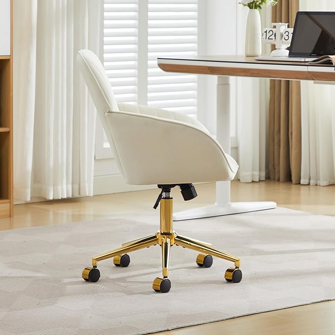 YITAI Velvet Office Desk Chair with Wheels and Gold Base,Modern Height Adjustable 360 Degree Swivel Upholstered Vanity Chairs with Arms for Living Room Bedroom, Study,Cream